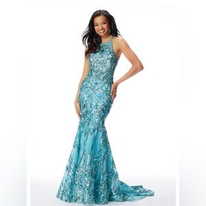 High-Neck Teal Sequin Prom Dress